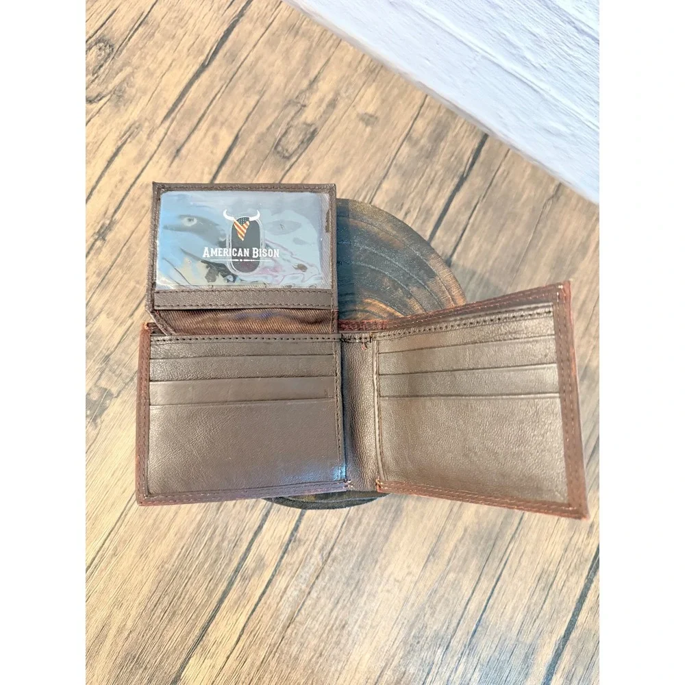 American Bison Mens Leather Bifold Wallet Longhorn Flag Skull Brown Western New